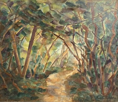une peinture à l'huile représentant un sentier dans les bois, bordé d'arbres
