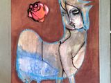 a picture of a painting of a cat with a rose on it