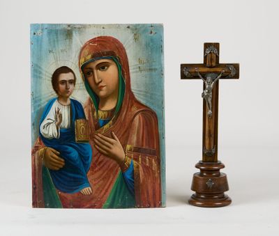 an image of a painting of a woman holding a child next to a cross
