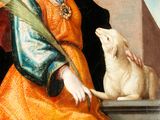 painting of a woman in orange dress holding a dog on a ledge