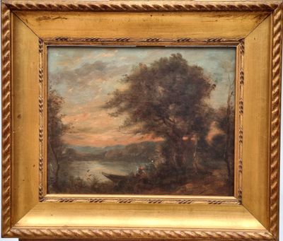 an oil painting of a landscape with trees and a river in the background