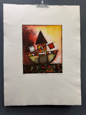 une image représentant un tableau sur lequel figure un bateau surmonté d'une pyramide