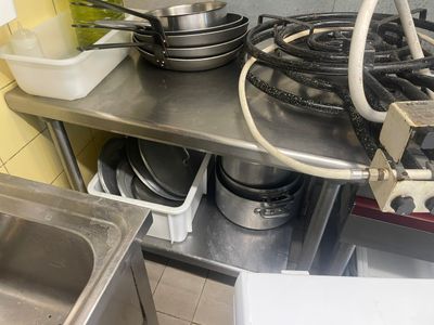 de nombreuses casseroles et poêles posées sur le plan de travail de la cuisine