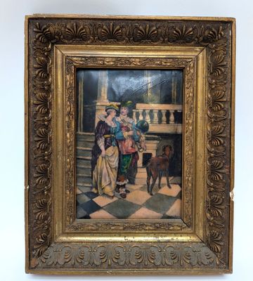 painting of a woman and a dog on a checkered floor in a gold frame