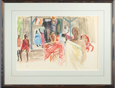 a watercolor painting of a group of people on the street