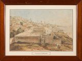 an old painting of a view of a city from a hill