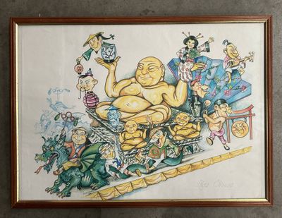 tableau représentant un Bouddha assis sur un canapé, entouré de nombreuses personnes