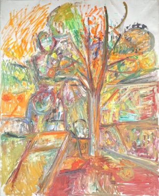 tableau représentant un arbre et un banc dans un parc, avec un banc au premier plan