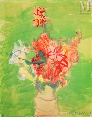 a painting of flowers in a vase on a table