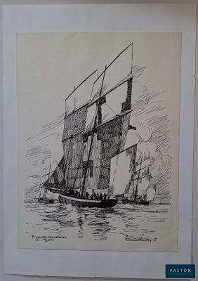 une photo représentant un dessin d'un bateau sur l'eau