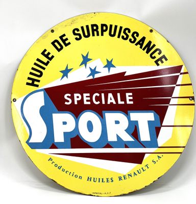 a yellow sign with a red and blue design on it