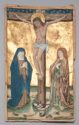 une image représentant un tableau de Jésus sur la croix, entouré de trois femmes