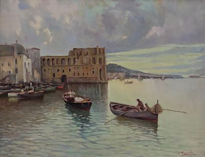 une peinture représentant quelques bateaux sur l'eau