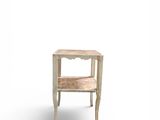a small wooden table with a shelf on it