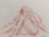 dessin représentant une femme assise par terre devant une pleine lune