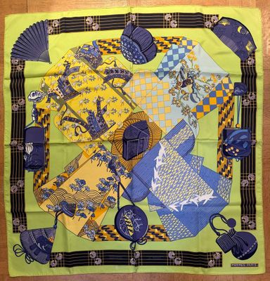 yellow, blue, and green square scarf with a picture of a woman in a kimono kimono kimono kimono kimono kimono kimono kimono