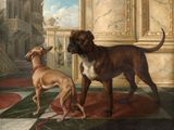 a painting of two dogs on a checkered floor