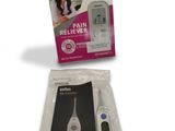 an image of a digital thermometer and a package of medical items