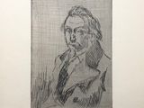 a black and white drawing of a man in a suit
