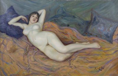 tableau représentant une femme nue allongée sur un lit avec un oreiller