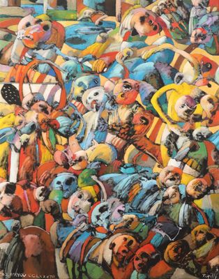 an image of a painting of a crowd of clowns in a circus
