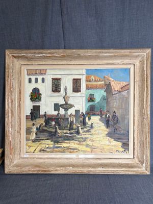 une peinture représentant une calèche devant un bâtiment