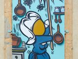 painting of a woman in a blue dress holding a broom in front of a kitchen window