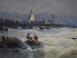 a painting of people on a boat in the water