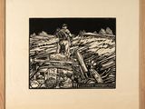 a black and white drawing of a man on top of a boat