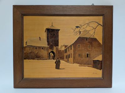 a picture of a painting of a woman walking in the snow