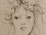 drawing of a woman with a flowered headdress in her hair