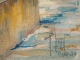 a watercolor painting of a boat on the water