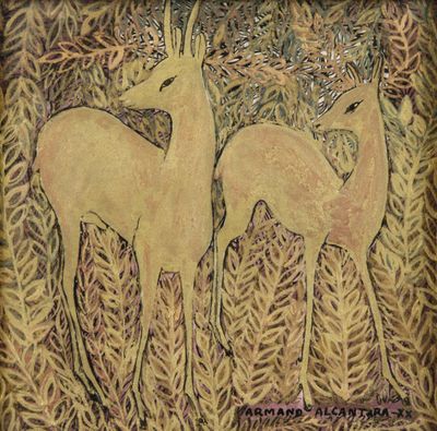 tableau représentant deux cerfs dans un champ d'herbe parsemé de feuilles