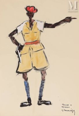 dessin représentant un homme vêtu d'un t-shirt jaune et d'un short jaune, pointant quelque chose du doigt