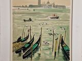 painting of gondola boats in the water with a church in the background