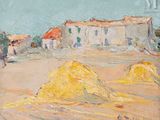 an image of a painting of a farm scene with hay bales