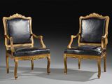 pair of louis ii style gilet chairs with black leather upholstered seats