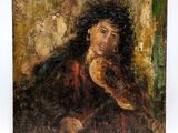 an oil painting of a woman with a violin on a white background