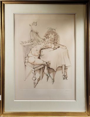 drawing of a drawing of a woman sitting at a table with a child