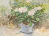 a painting of flowers in a blue vase on a table