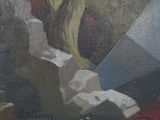 a painting of a woman holding an umbrella in the rain
