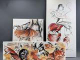 three paintings of a woman in a red dress and a woman in a red dress