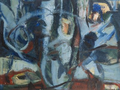 an oil painting of a blue vase with red and black accents