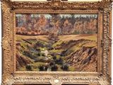 an oil painting of a landscape with a river in the middle of it