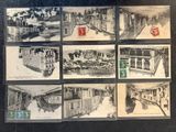 plusieurs photographies en noir et blanc d'une gare avec un train sur les voies