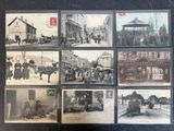 several old black and white photographs of people and vehicles on a street