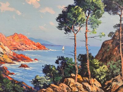 a painting of a view of the ocean from a cliff