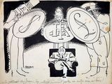 cartoon drawing of a man sitting in a chair with a clock on his head