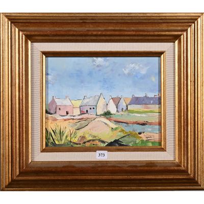 un tableau représentant une scène de vie à la ferme avec une maison en arrière-plan