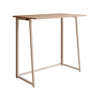 un bureau blanc avec un plateau en bois et des pieds en métal